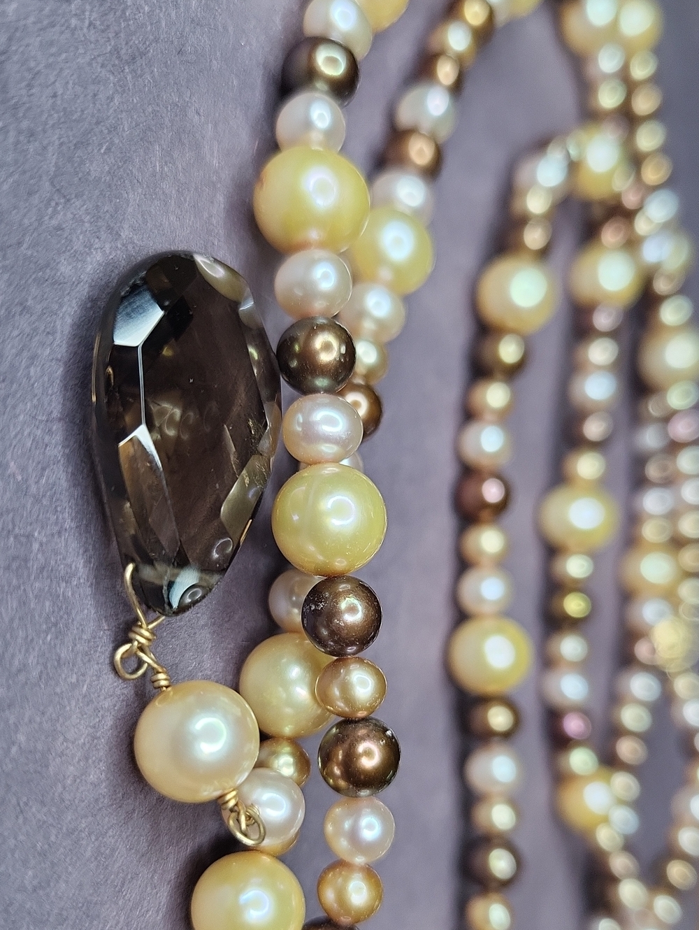 Gold & Brown 8mm Pearl Necklace with Smoky Crystal Pendant
